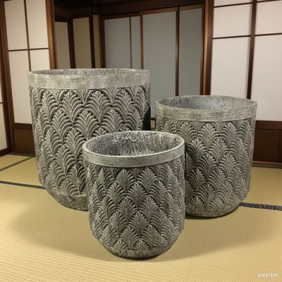 Αγορά Επαναλαμβανόμενο Σχέδιο Φύλλων Φοίνικα Γκρι Στρογγυλός Φυτευτής από Ίνες Τσιμέντου Ανθεκτική Γλάστρα Χαμηλής Συντήρησης online manufacture